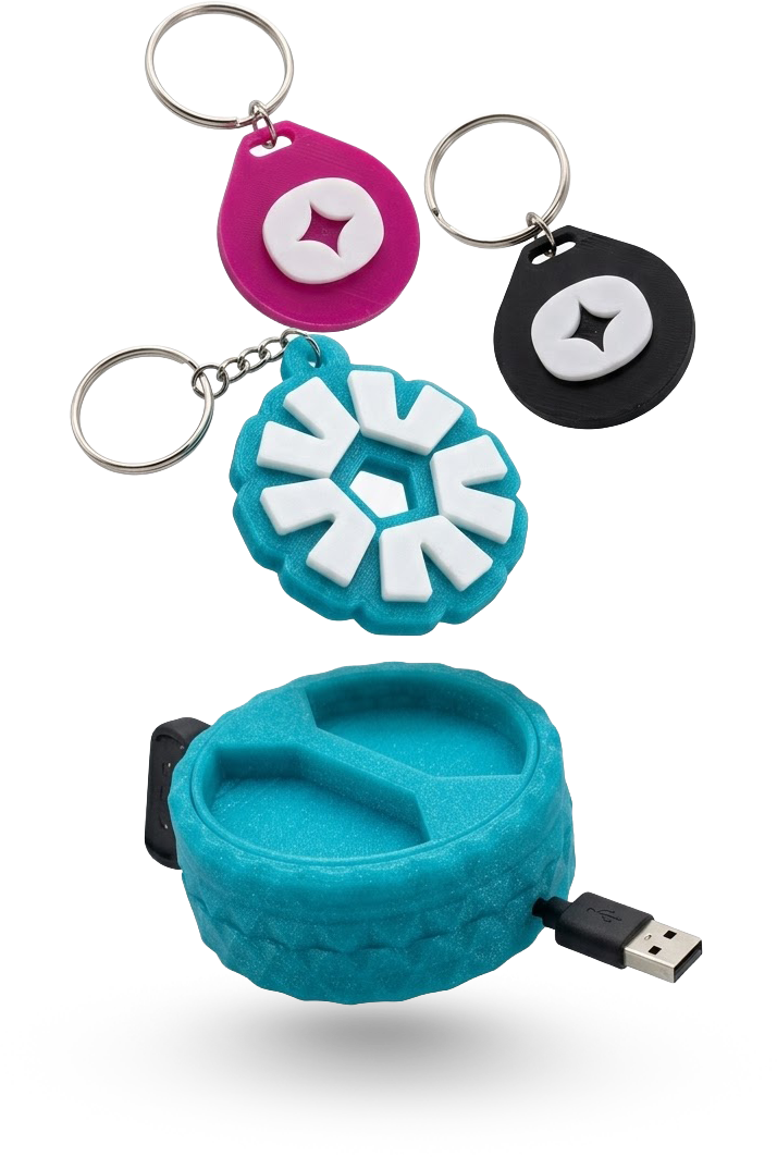 Llaveros y soporte impresos en 3D con el símbolo de Bosa