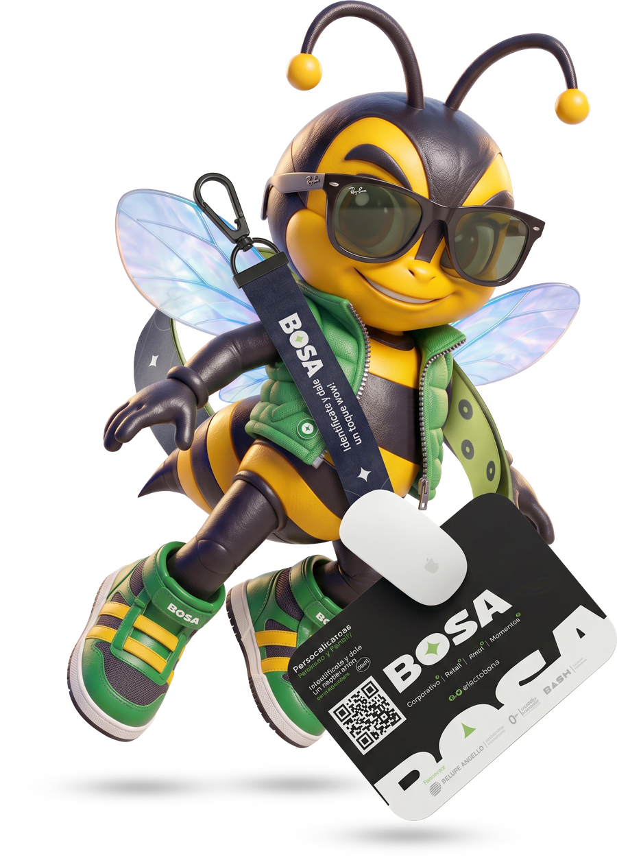Buzzy, la mascota abeja de Bosa, con gafas de sol, tenis y un cordón porta credencial personalizados con la marca Bosa